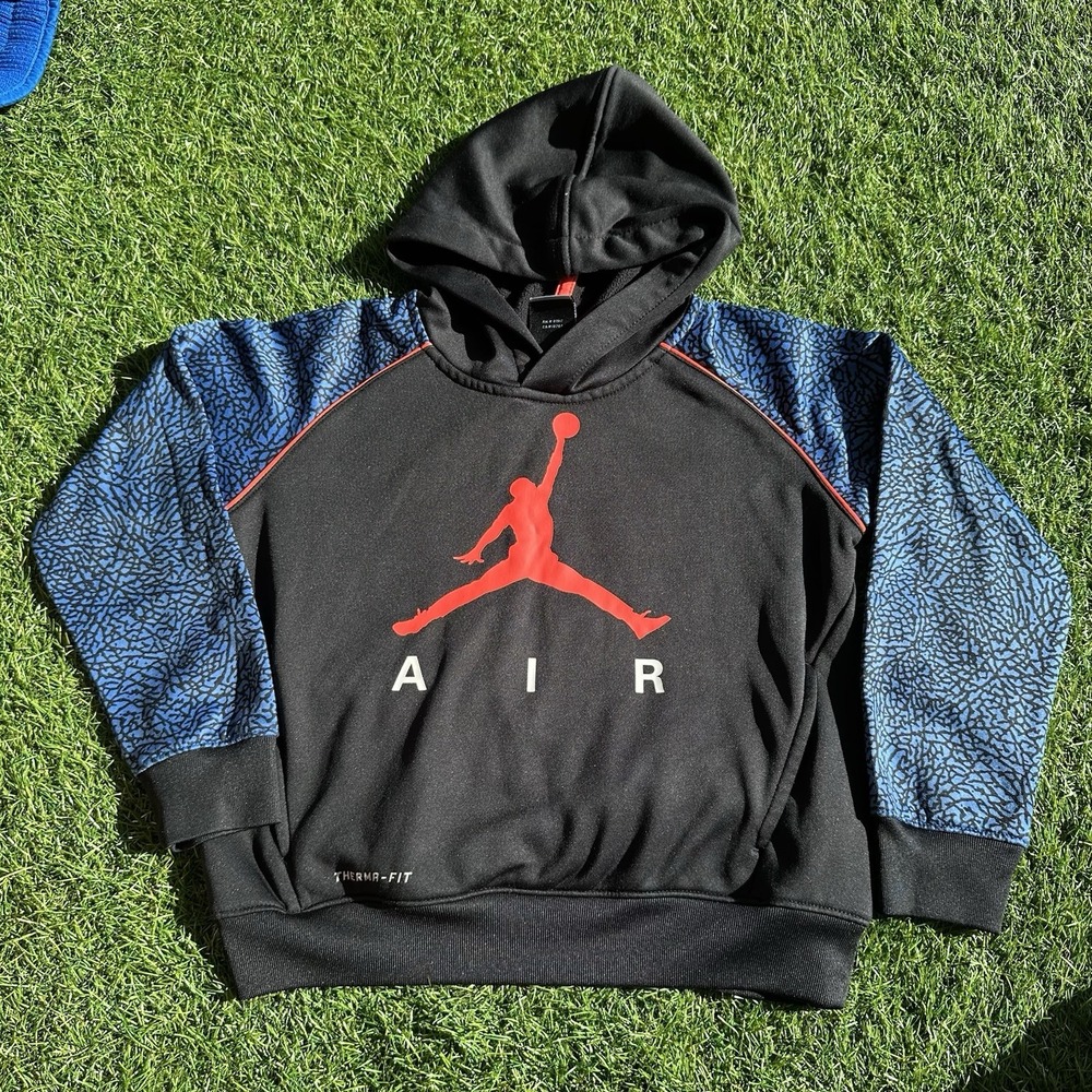Jordan Jumpman Hoodie Boys Size 5-6 Black Blue‎ Sweater Pullover Therma-Fit